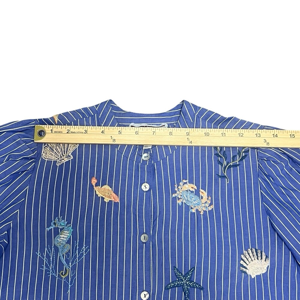 Johnny Was Workshop Striped Blue Embroidered Seashells Ocean Shirt XS Blouse - Picture 13 of 14